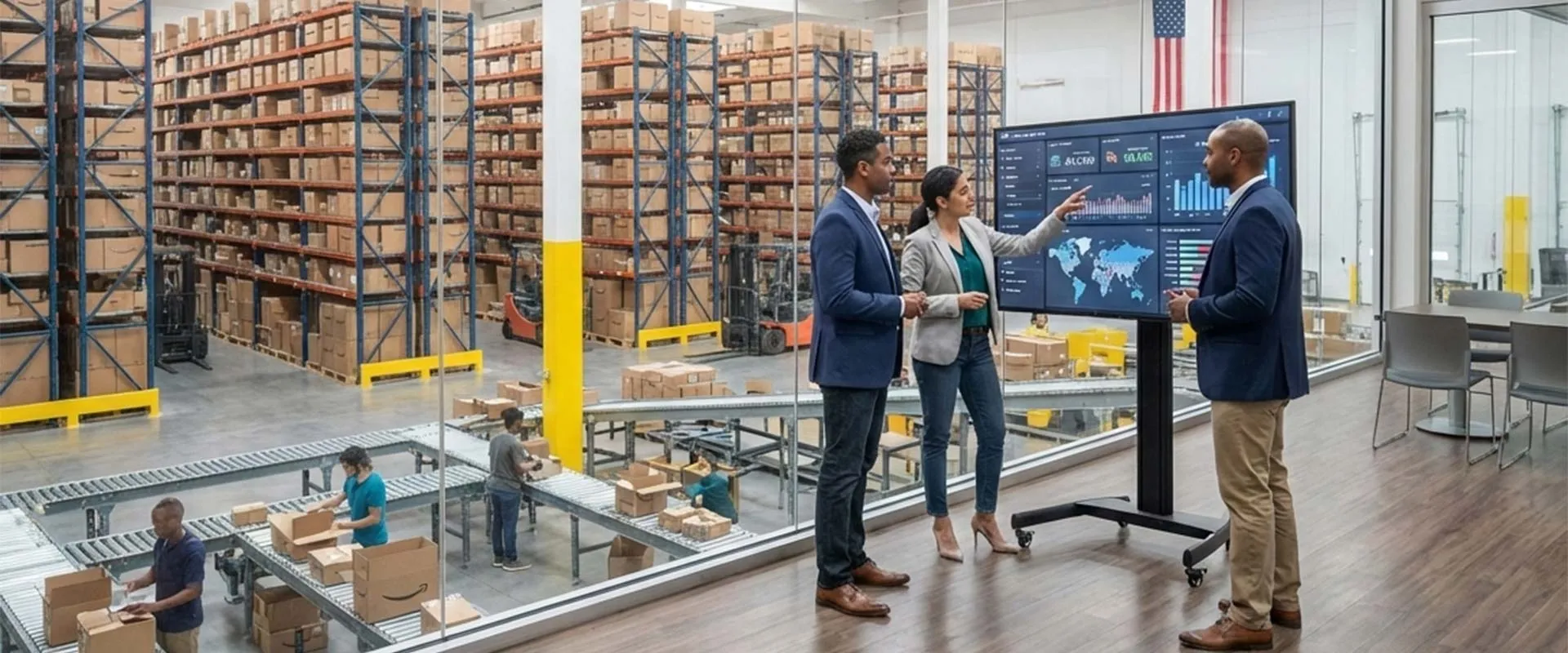 Operations team reviewing a sales and inventory dashboard overlooking a U.S. warehouse